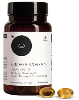 Medicom - Omega 3, Veganes Algenöl, mit Omega-3 Algenöl, DHA, EPA und Vitamin E, Unterstützt Herz, Gehirn und Sehkraft - 60 Kapseln