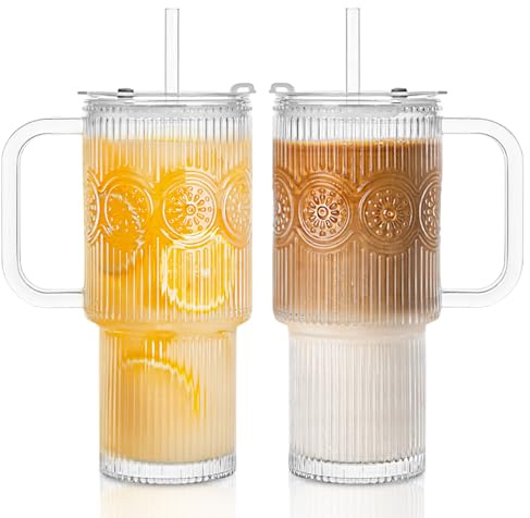 INSETLAN Vasos de vidrio de 767.1 g con asa y tapa, juego de 2 tazas de café helado transparente con popote, vasos reutilizables para agua, batidos, té, jugo, perfectos para viajes y uso diario