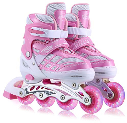 Barn inline skridskor för flickor, justerbara 4 storlekar, inline-rullskridskor med alla lysande hjul för barn flickor (rosa, L (EU 36–40))