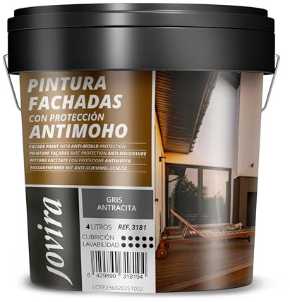 JOVIRA PINTURAS PINTURA FACHADAS ANTIMOHO. Repelente al agua, impermeable y anti fisuras. (4 Litros, Gris Antracita)