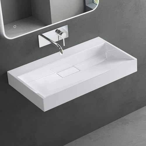 Mai & Mai Waschbecken Weiß Aufsatzwaschbecken Hängewaschtisch inkl. Ablaufgarnitur Mineralguss Rechteckig Waschplatz ohne Armaturenloch Breite: 80cm