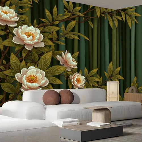 JEDTAKCT Papier Peint Photo Panoramique 3D Bambou Rétro Fleurs Vert Foncé Papier Peint Paysage À Grain De Bois, Tapisserie Panoramique Salon, Décoration Mural Bureau Enfants Chambre 300X210Cm
