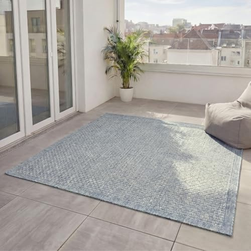 benuta Basic In- & Outdoor Teppich Wohnzimmer Iowa - Blau 195x195 cm - Boho Jute-Look wetterfest für Balkon, Terrasse - Schlafzimmer, Küchenteppich & Wohnzimmerteppich - Strapazierfähig & Robust