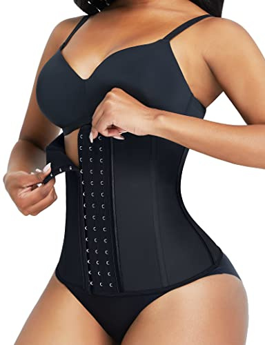 FeelinGirl Midjetränare Latexkorsett för Damer Midja Tränare med 9 Stålstruktur Träning Midja Cincher Sport Underbröstkorsett Midjeformare Magkontroll Plusstorlek med 3 Hake-Svart XL