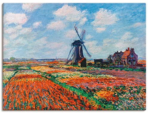 ARTLAND Wanddeko Leinwand Bilder Wandbild 80x60 cm Idyll Dorf Windmühle Blumen Tulpen Tulpenfelder in Holland 1886 Impressionismus Claude Monet T1DN