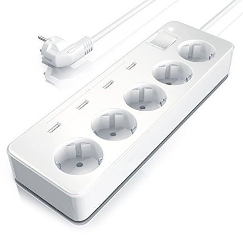 Steckdosenleiste 5 Fach mit 4X USB Ladeports 6,0A Mehrfachsteckdose inkl. Schalter Mehrfachstecker mit LED-Statusanzeige Steckerleiste mit integriertem Berührungsschutz Weiß