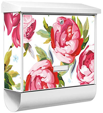 banjado® Burgwächter Briefkasten Weiß 38x39x12cm mit Motiv Rosen Rustikal/Briefkasten mit Zeitungsfach/Briefkasten mit Zeitungsrolle/Postkasten inkl. Montagematerial & 2 Schlüsseln