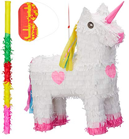 Relaxdays 3 TLG. Pinata Set Einhorn, mit Pinata Stab und Maske, Mädchen, Geburtstag, Unicorn Piñata zum selbst Befüllen, weiß-rosa