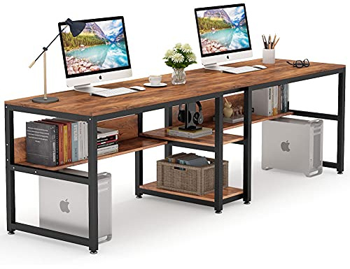Tribesigns Scrivania per due persone con Ripiani, 200 cm Doppia Scrivania Salvaspazio per Computer, Tavolo da Lavoro, per Ufficio Soggiorno, Struttura in Acciaio, Montaggio Facile (200 x 60 x 75 cm)