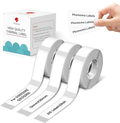 3 Rollen Phomemo Thermoklebeetikett, 12mm * 30mm, multifunktionales Etikett,kompatibel mit dem PhomemoD30 Etikettendrucker,geeignet für Zuhause,Büro,Schule,210/ Rolle,3 Rollen(Weißes Etiket)