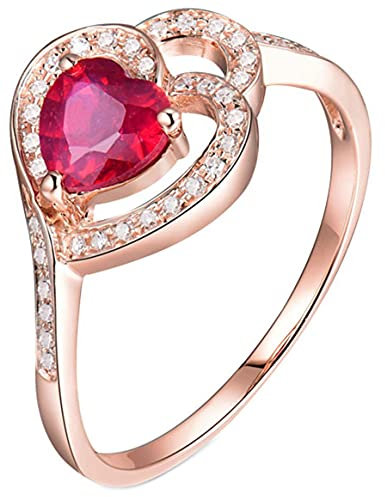 AMDXD Ring Hochzeitstag 18k Rotgold, 1.02ct Herz Rot Rubin mit 0.16ct Diamant Damenringe, für Hochzeit Verlobung, Rose Gold, Gr.52 (16.6)