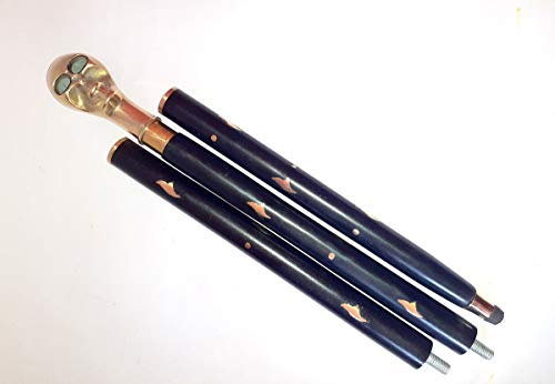 Ganga Nautical Gehstock aus Holz, mit Messinggriff, goldfarbener Totenkopf und schwarzer Griff aus massivem Messing, 5 Stück
