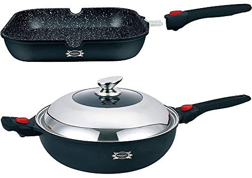 HAUSSMANN heritage Wok 32cm + Poêles Grill 28cm - Fonte d'aluminium - Revêtement antiadhésif type pierre - sans PFOA - Manche Amovible － Tous Feux Dont Induction － HM-WOK1432M + HM-GRI28M