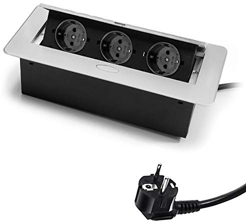 Spacetronik Versenkbare Einbausteckdose, 3-Fach Tischsteckdose, 16A/230V | 3x Schuko, Tischplatte Versenkte Steckdose Arbeitsplatte, Steckdosenleiste mit 1.5M Kabel