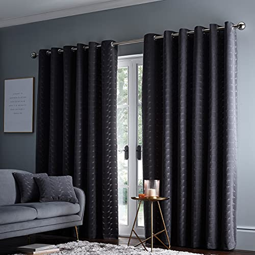 Amania Trading Ltd 1 Pair Of LUCCA Velvet Geometric Pattern Modern Lined Eyelet Curtains - CHARCOAL - 66 Width x 90 Drop