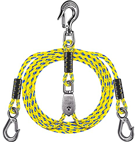 Dolibest 16ft Boat Tow Harness Boat Tow Ropes, Easy Connection w/ 3 Large Stainless Steel Hooks and Pully for Tow 1-4 Rider Towable Tube