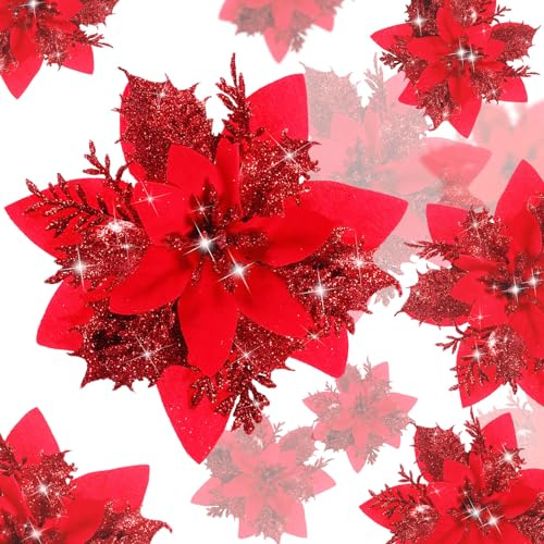 BLAZOR Kunstblumen, Weihnachtsstern Künstlich Deko Blumen, 20 Stück Glitzer Deko Weihnachtsblumen, Baumschmuck weihnachten, Neujahr Ornamente.
