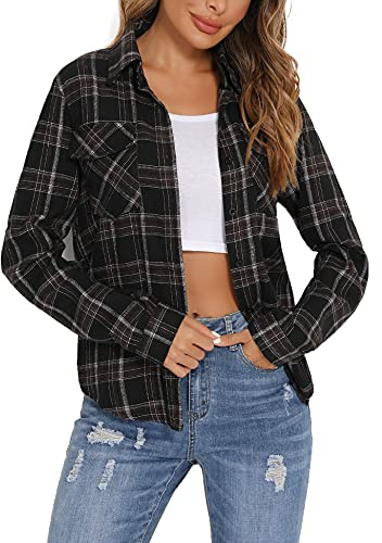 Enjoyoself 100% Cotone Donna Camicia a Quadri Flanella Blusa Casual Manica Lunga Capo Classico Shirts Tops