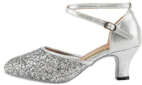 HIPPOSEUS Women's Latin Dance Shoes Silver Closed Toe with Sequins Modern Tango Ballroom Salsa Dance Practice Shoes 2 Heel,6.5 UK