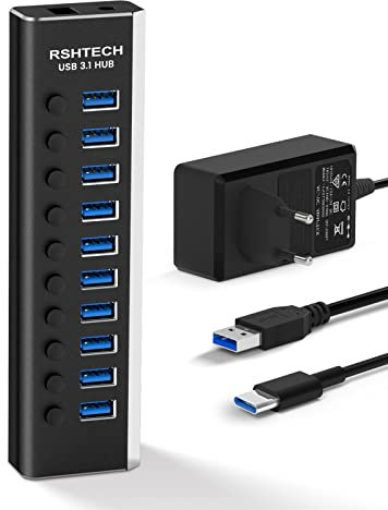 RSHTECH USB 3.1 Hub mit Netzteil 36W, mit 10*10Gbps USB 3.2-Port Aluminium USB Hub 3.2 Gen2 Aktiv mit Netzteil 12V/3A und 2-Datenkabel (Typ C & Typ A), zum Laden und für die Datenübertragung, RSH-A10S