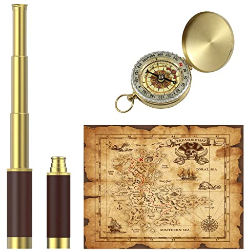 Pirate Monocular Telescope with Treasure Map Pocket Compass - Collapsible Spyglass for Party Accessory Set