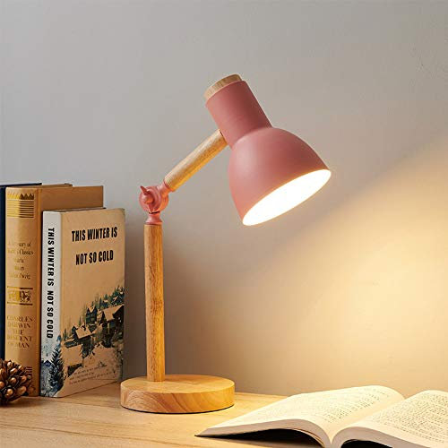 Mengjay Modern Creative Tischlampe Schlafzimmer Nachttischlampe Kinder Büro Augenschutz Lesetischlampe Verstellbare Schreibtischlampe E27 Holz Metall Nachtlampe (Rosa)