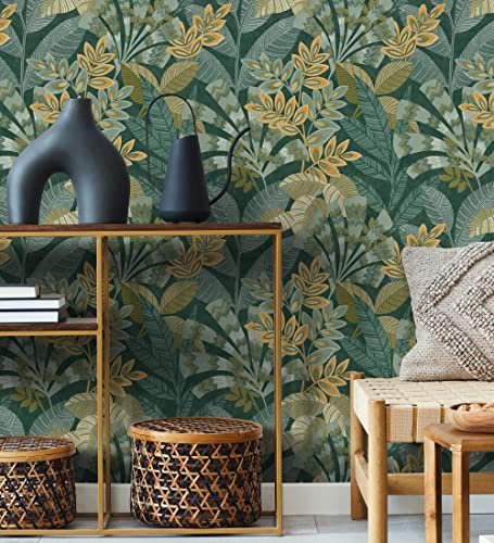 GAULAN 500682001 Papier peint en vinyle feuilles ethniques sur fond vert texturé style tropical pour mur salon cuisine bain chambre salle à mange tête - Échantillon DIN A4