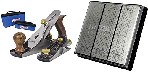 Faithfull Wood Plane Set Number 4 and Number 60 1/2 Planes in Canvas Storage Cases & Diamond Whetstone Sharpening Kit. 3 Stones: 400G Coarse, 600G Medium and 1000G Fine Includes Non Slip Base Unit