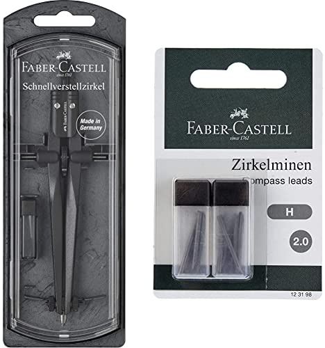 Faber-Castell 174530 - Schnellverstellzirkel Stream, Blackstone, 1 Stück & 123198 - Zirkelmine, 2mm, Härtegrad H, 12 Stück