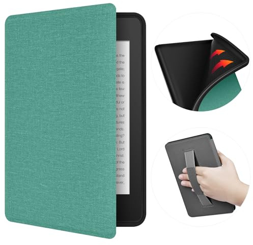 ERUNTO Hülle für 6 Zoll Kindle (Released in 2022 and 2024), TPU Cover mit Stoffstruktur und Handgürtel auf der Rückseite, Magnetische Shell Cover mit Smart Wake-up/Sleep-Funktion(Grün)