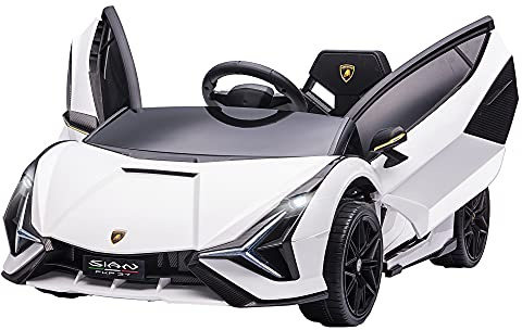 HOMCOM Coche Eléctrico para Niños de +3 Años Lamborghini SIAN Coche de Batería 12V con Mando a Distancia Apertura de Puerta Música MP3 USB y Faros 3-5 km/h 108x62x40 cm Blanco