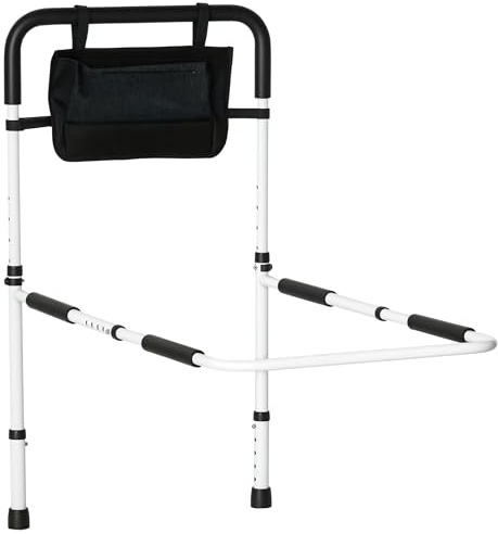 HOMCOM Barre d'appui lit sur Pieds barrière sécurisée Protection réglable 5 hauteurs Pochette Rangement 52 x 85-95 x 71-102 cm Blanc Noir