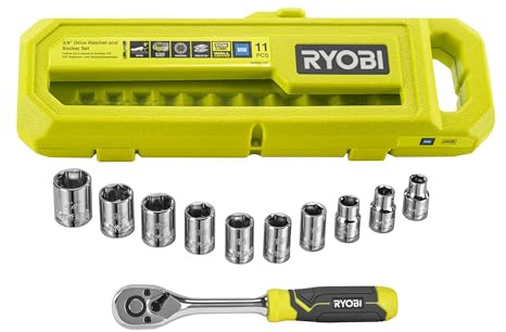 RYOBI - Coffret Clé à Cliquet 3/8 + Douilles - RHRS11PC - 11 Pièces, 90 Dents, Compatible LINK