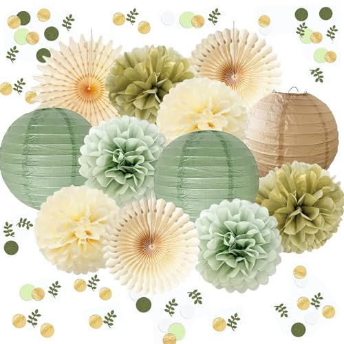 Décorations de fête vert sauge doré sauge or crème pompons en papier de soie lanternes en papier vert sauge confettis pois décoration de table pour mariage, fiançailles, fête prénatale, fête