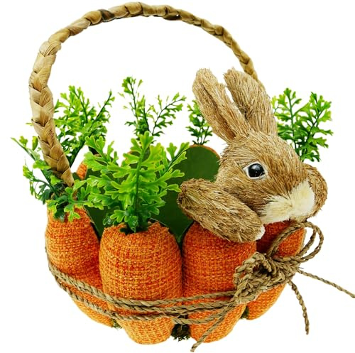 DearSun 11 H*8 Dia Easter Straw Bunny Basket with Carrot Ornaments Easter Egg Hunting Basket Rabbit Handicrafts Basket for Kids Spring Party Supplies Garden Decoration