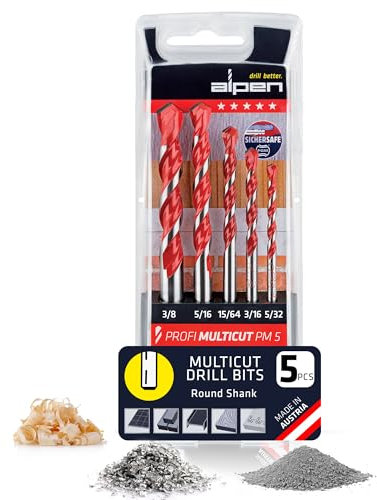 ALPEN 5-Piece Multi-Material Drill Bit Set – Tungsten Carbide Multicut, Drills Tile, Masonry, Metal, Wood & Plastic with One Bit – No Bit Changes – Austrian Engineering