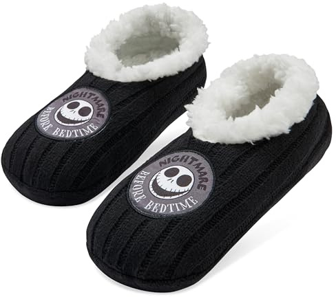 Disney The Nightmare Before Christmas Ballerina Slippers for Women & Teens UK Size 2.5-7.5, Sherpa Lining Non-Slip House Shoes (Black TNBC, 2.5/7.5 UK)