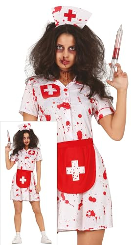 FIESTAS GUIRCA | Disfraz de Enfermera Sangrienta (44-46/XL) - Vestido, Delantal y Diadema - Disfraces de Halloween, Carnaval y Fiestas de Doctores y Enfermeras - Ideal para Adultas - Blanco y Rojo
