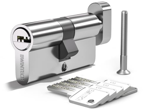 Bwintech 1 Pièce 45T/45mm Euro Cylindre En Laiton, 90mm Serrure à Barillet à Bille/Cône Avec Poignée Ovale Et 5 Clés Horizontales En Laiton,Anti Picking,Anti Perçage,Anti Snap,Finition Chrome