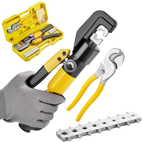 TEENO Herramienta de crimpado hidráulico 10T y cortador de cables, crimpadora hidráulica de cable de 12 a 2/0 AWG, herramienta de crimpadora manual hidráulica de terminal eléctrico, kit de