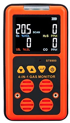 Portable Gas Detector Multi Gas Monitor Handheld Gas Detector Oxygen O2 Hydrothion H2S Carbon Monoxide CO Combustible Gas 4 In 1 Gas Analyzer With Data Logging(ST8900)