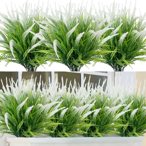 ASTNIC 6 stück Künstliche Pflanzen Künstliche Lavendel Blumen, Kunstblumen im Freien UV-beständiger Grün Stiel Lavendelstrauß für Haus Fenster Garten Terrasse Weg Veranda Dekor (Weiß)