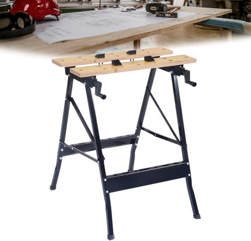 RuiYiL Multifunktions-Arbeitstisch und Sägebock, tragbarer Arbeitsklemm-Klapptischständer mit Lagerregalen, Verstellbarer Schreibtisch für Garage, Zuhause, Heimwerker und Tischlerei