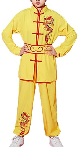 TTAO Kinder Kampfsportkleidung Traditionelle chinesische Tai Chi Uniformen Langarm Tops mit Hose Leichte Wettkampfkleidung Chinesischer Stil Uniform Gelb 98-104