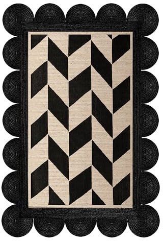 Kelim-Teppich für Wohnzimmer, gewellt, 6,3 x 35,6 cm, Schwarz / Beige, Jakobsmuschel-Juteteppich, indische Textur, handgefertigter Jute-Teppich, Flachgewebe-Teppich, für drinnen und draußen, Teppiche