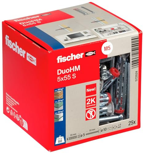 fischer Hohlraumdübel DuoHM 5 x 55 S TX, Plattendübel mit metrischer Panheadschraube und TX-Antrieb zum Befestigen von TV-Halterungen, Leuchten, Wandregalen, uvm. in Plattenbaustoffen, 25 Stück
