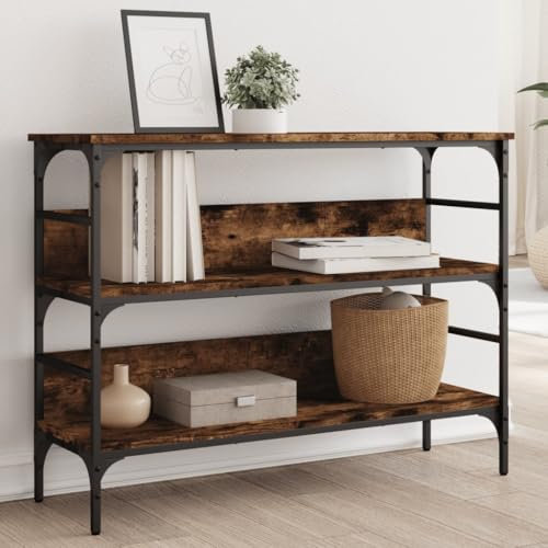 FENLAX Konsolentisch mit Ablagen 100x32x75 cm Beistelltisch Flurtisch mit Ablagen Eingangstisch Ausstellungstisch Akzenttisch Side Table Wohnzimmermöbel Holzwerkstoff&Metall Räuchereiche