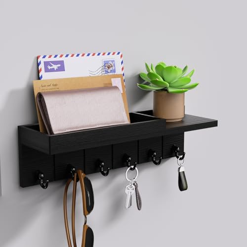 HapiRm Schlüsselbrett Holz - Schlüsselhalter für die Wand, Schlüsselhaken Wandmontiert mit 6 Haken, Schlüsselbrett mit Ablage für Briefe, Telefon und Dekorationen für Flur, Büro - Schwarz 32x9x9cm