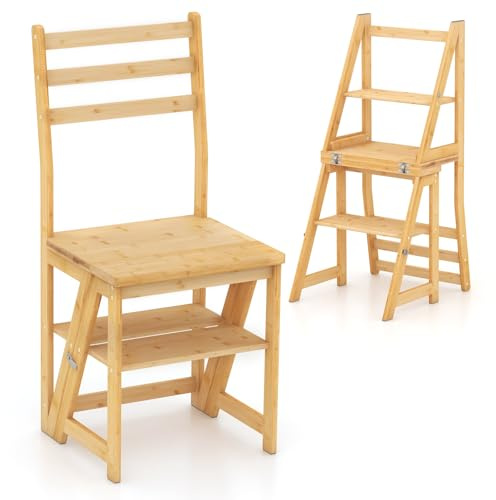 COSTWAY Tabouret Escabeau Pliable 3 en 1, Escabeau 3 Marches Convertible en Bambou, Coussinet Protection Pieds, 2 Boucles Verrouillage Latérales, 47 × 40 × 89 cm, Capacité 150 kg, Naturel