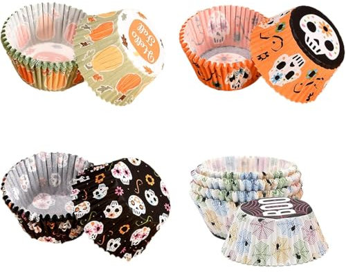 JINJUMEI 400 Piezas Papel para Magdalenas, Moldes Magdalenas Papel Muffins de Calabaza Telaraña e Esqueleto, Moldes Cupcakes para Postres Fiestas de Halloween,Cumpleanos